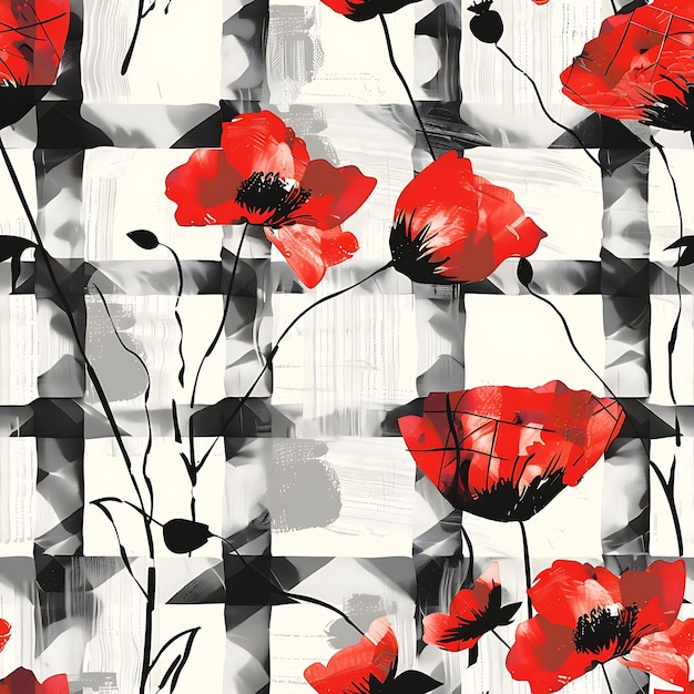 a wallpaper with red flowers and black and white dots