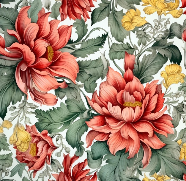 A wallpaper with red flowers and leaves.