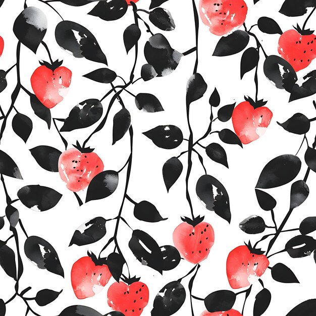 Photo a wallpaper with red and pink flowers and black leaves with black and white flowers