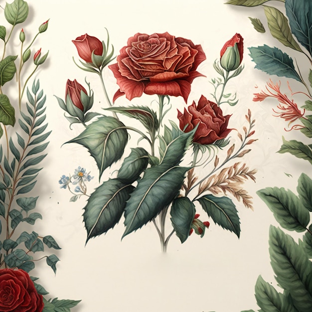 A wallpaper with roses and leaves on it