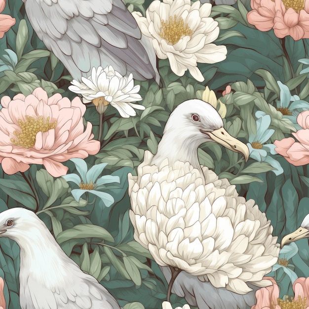 A wallpaper with seagulls and flowers on it.