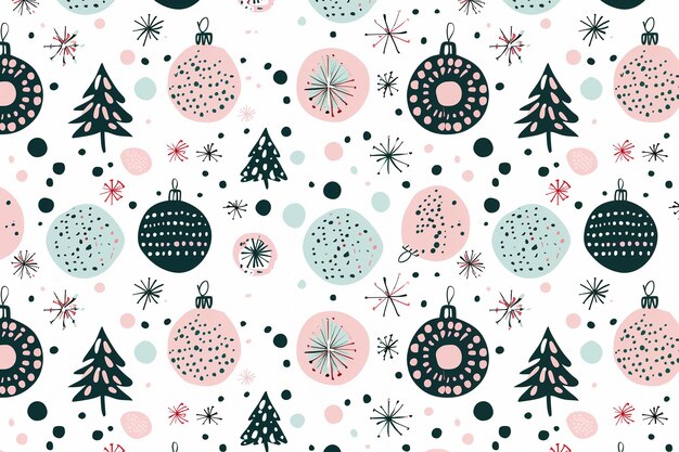 wallpaper with snowflakes and pink green and bleack christmas toys balls and tree on a white background pattern design of wrapping paper and textiles