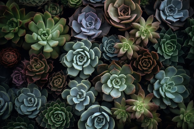 Wallpaper with succulent plants Top view of many different succulents Generative AI
