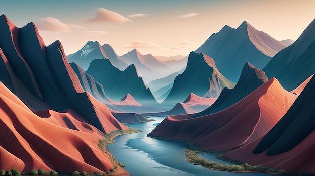 A wallpaper with a surreal abstract landscape of mountains and rivers