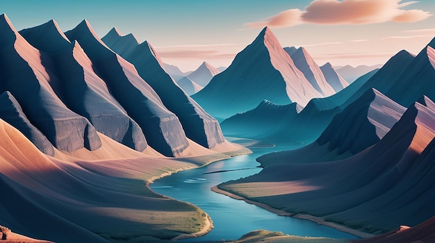 A wallpaper with a surreal abstract landscape of mountains and rivers
