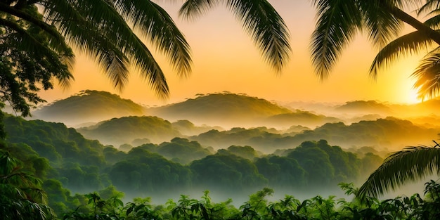 Wallpaper with a tropical landscape at sunset Jungle with mountains palms trees and other wild plants Sky with clouds and setting sun Rainforest illustration Background with pristine nature