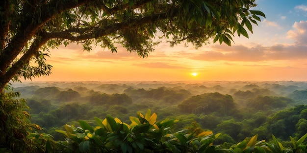 Wallpaper with a tropical landscape at sunset Jungle with palms trees and other wild plants Sky with clouds and setting sun Rainforest illustration Pristine nature Generative AI