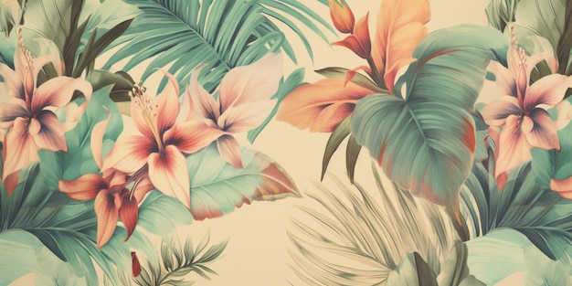 A wallpaper with a tropical leaves and flowers.