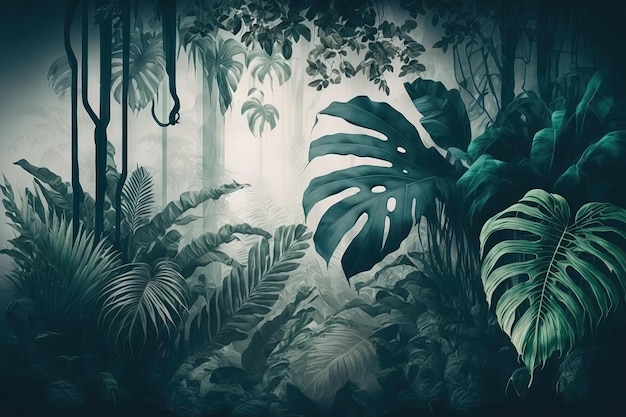 Фото Обои с тропическими листьями в туманных джунглях