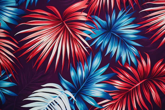 Wallpaper with a tropical leaves and a red and blue background