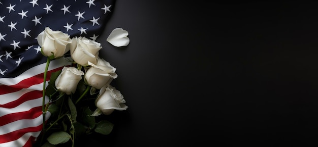 Photo wallpaper with white roses and a usa flag isolated on the left side of a black background copy space