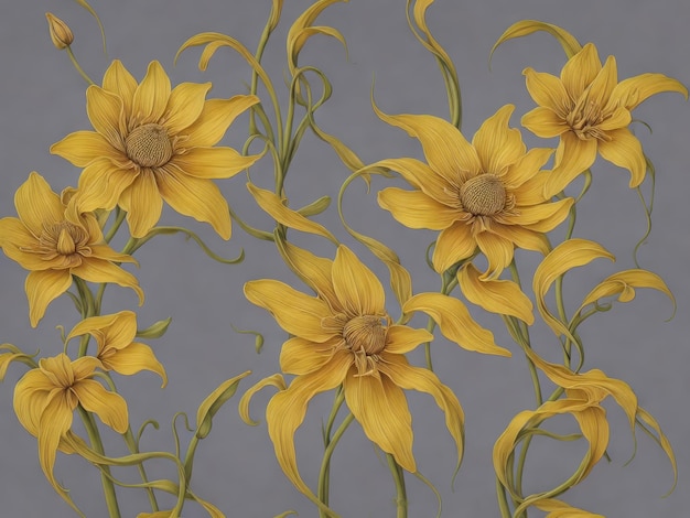 A wallpaper with yellow flowers and green stems.