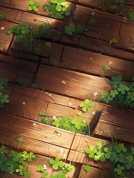 A wallpaper of a wooden deck with a clover on it.