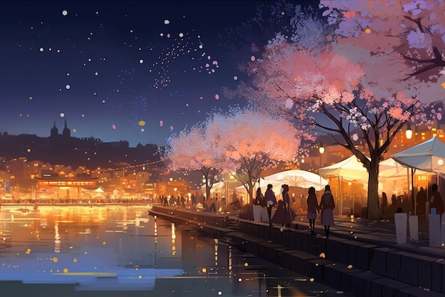 Wallpapers of the week : anime, night, water, people, trees, night, lights, night,