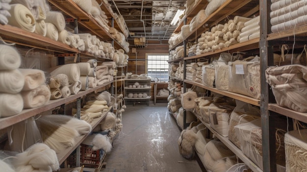 The walls are lined with shelves filled with different types of fibers equipment and supplies needed