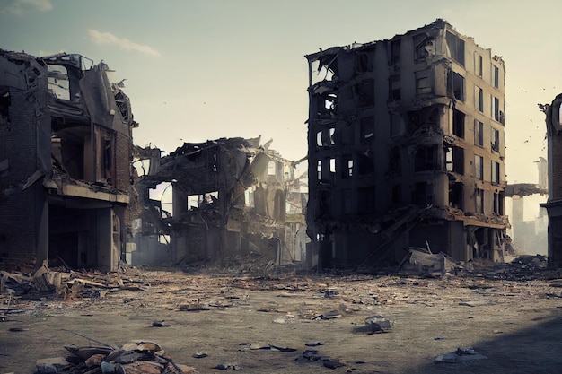 Walls of broken factory and destroyed industrial buildings on
vacant lot