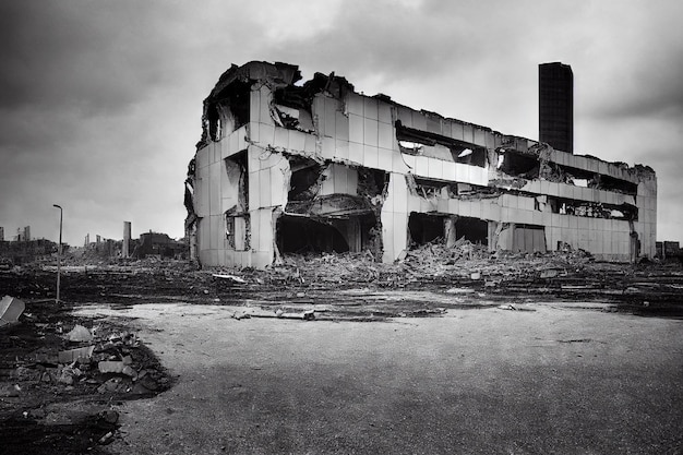 Walls of broken factory and destroyed industrial buildings on\
vacant lot