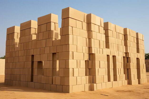 The walls of a building made of solid blocks a house being built at a construction location