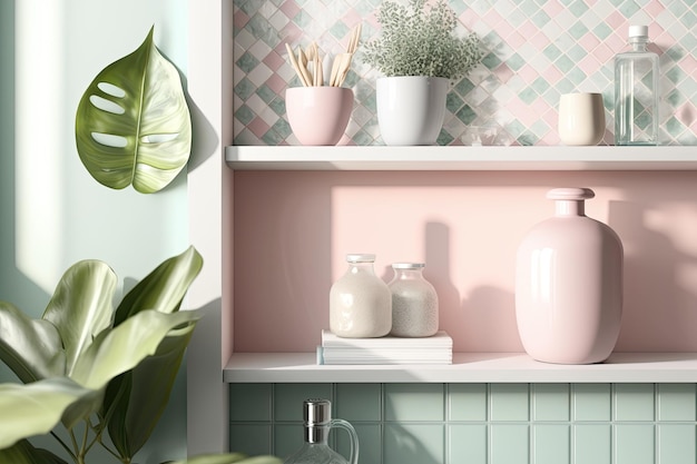 Photo walls match pastel pink mosaic tiles and shelving a sunny window cast a leafs shadow