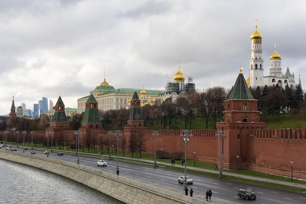 The walls and towers of the Moscow Kremlin and the Moscow river