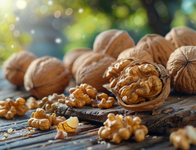 Walnoten op een houten tafel