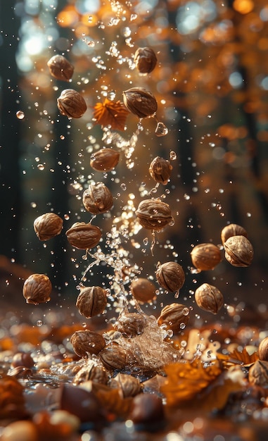 Walnoten vallen in het water met spat op de herfst achtergrond in het bos