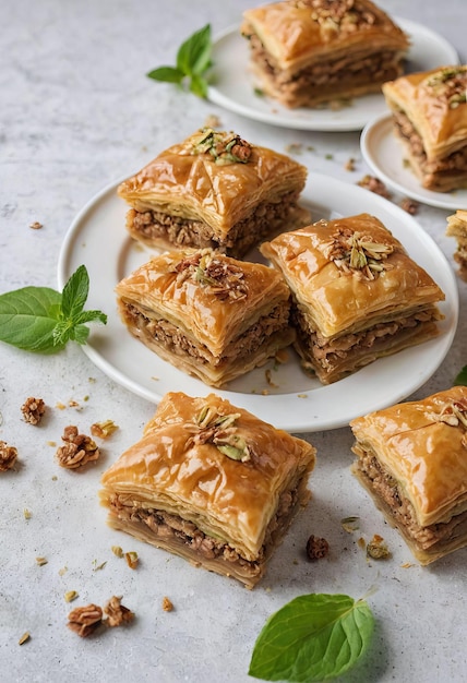 Foto baklava di noci su marmo bianco ai generato