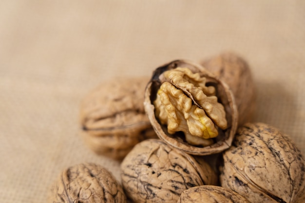 Walnut on a burlap sack