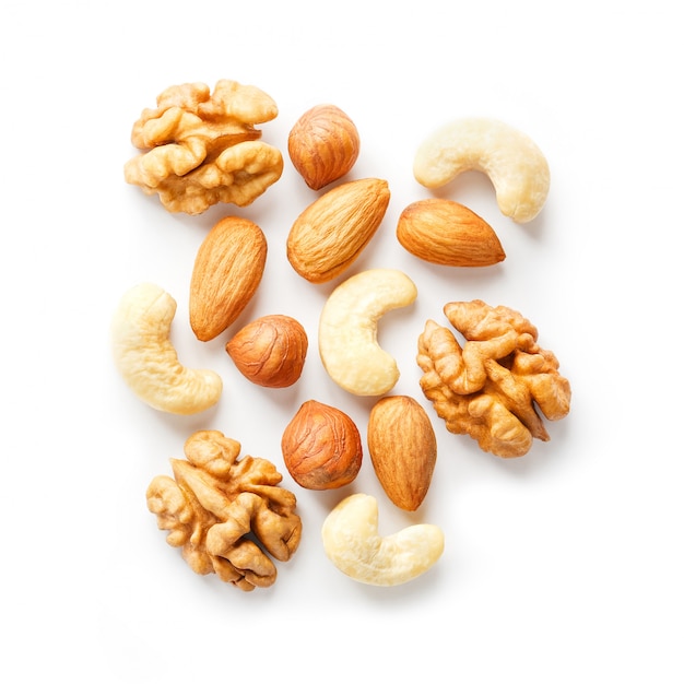 Walnut, cashew, almond and hazelnut on white