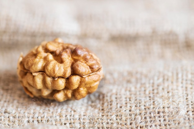 The walnut fruit lies on the burlap. hazelnut. High quality photo