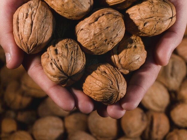 Foto fotografia a tema scuro con noci a mano