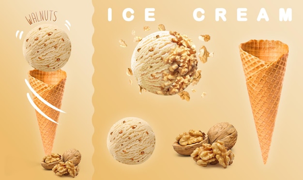 写真 クルミのアイスクリームクルミのスクープアイスクリームワッフルコーンとクルミの写真