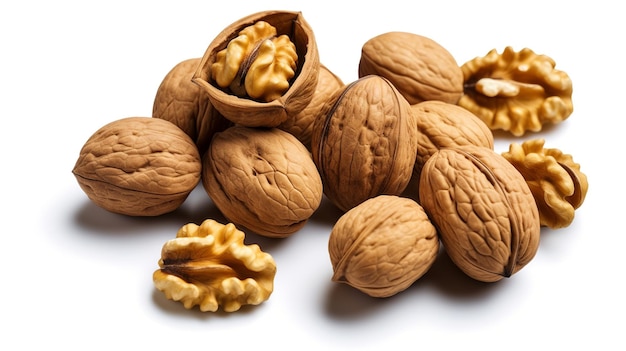 Walnut kernels and whole walnuts isolated on white background