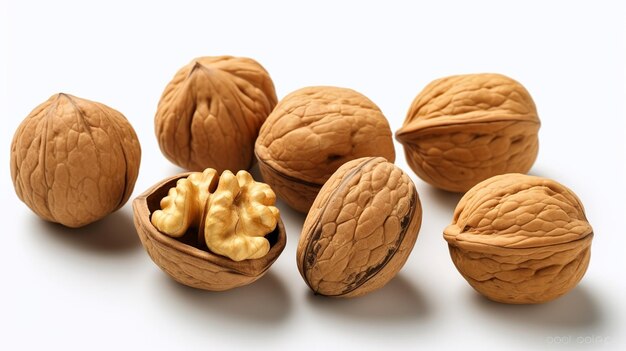 Walnut kernels and whole walnuts isolated on white background