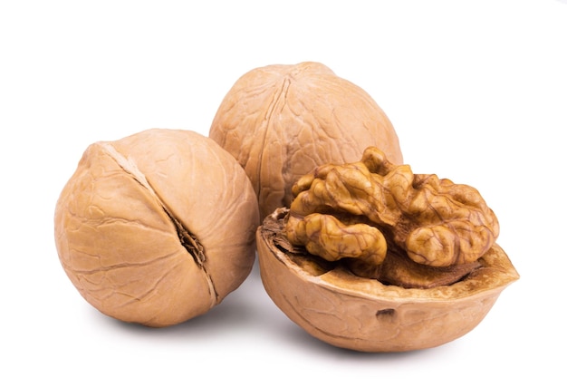 Walnut and nut kernel isolated on white background