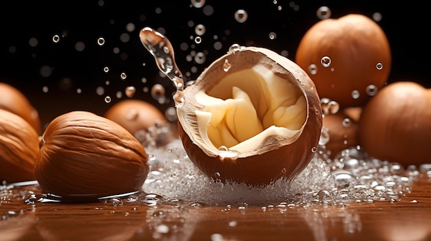 A walnut shell is surrounded by water and it is surrounded by a bunch of other nuts.
