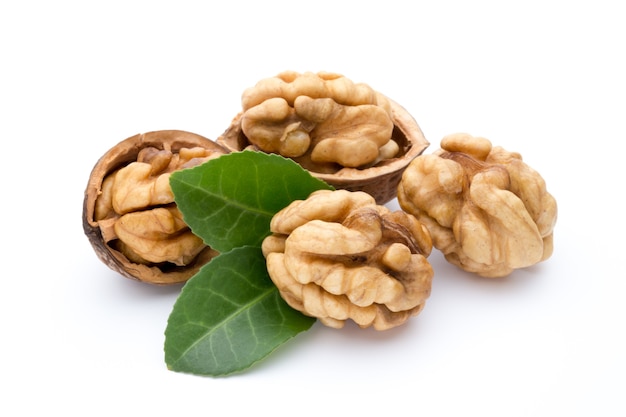 Walnut and walnut kernel isolated on the white.