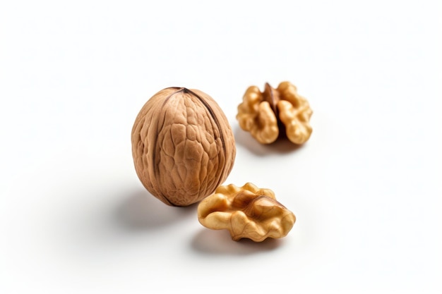 A walnut and a walnut shell on a white surface