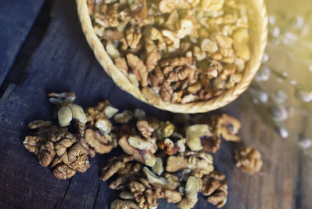 Walnut on wooden background