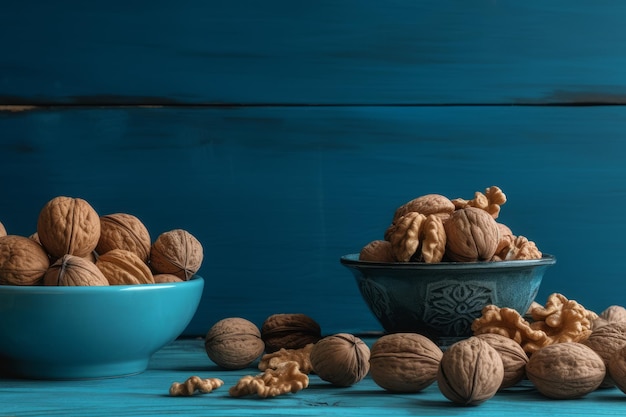 Walnuts blue food background Creative table Generate Ai