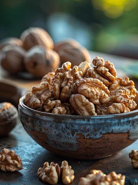 Walnuts in bowl on dark background