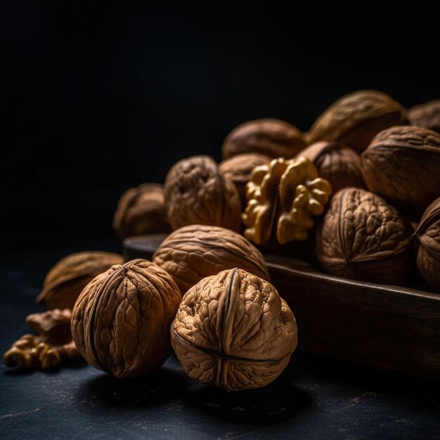 walnuts close up on dark background food photography