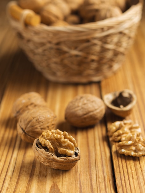 Walnuts closeup on wooden table