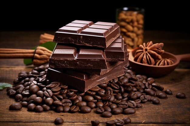 Walnuts and coffee beans on chocolate bar pieces