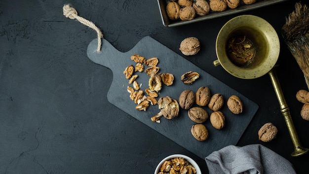 Walnuts on a dark background