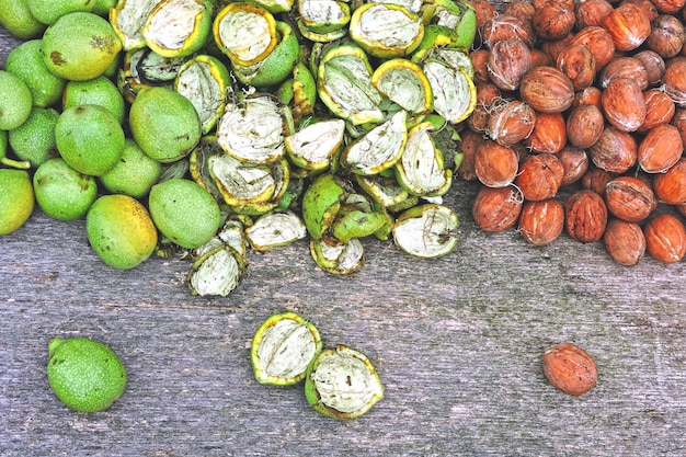 Walnuts from the tree. Walnuts in green peel. Peeling nuts from green peels. Walnuts harvest.