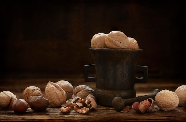 사진 금속 고대 모터에 walnuts 예술적 빈티지 스타일의 여전히 생명