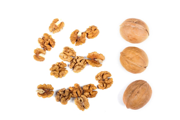 Walnuts and kernels isolated on white background