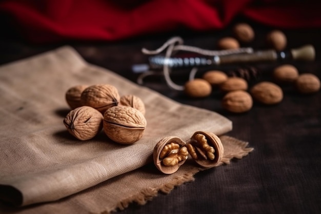 Walnuts and a nutcracker on a rustic fabric cover