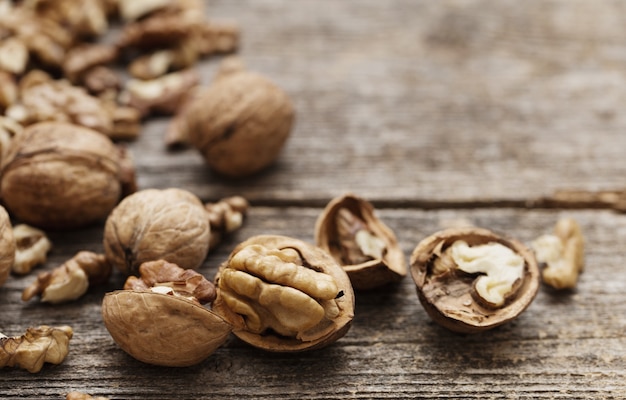 Walnuts on old wooden surface